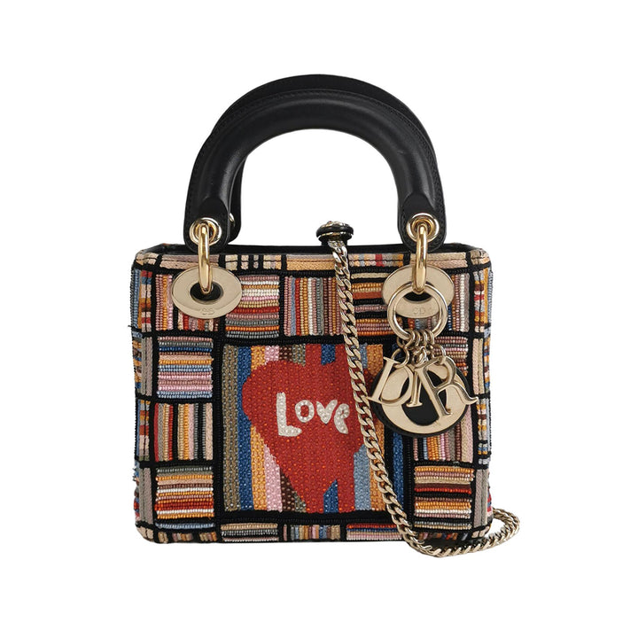 Dior Lady Dior In Multi-colour Fabric With Beads Love Heart Handbag