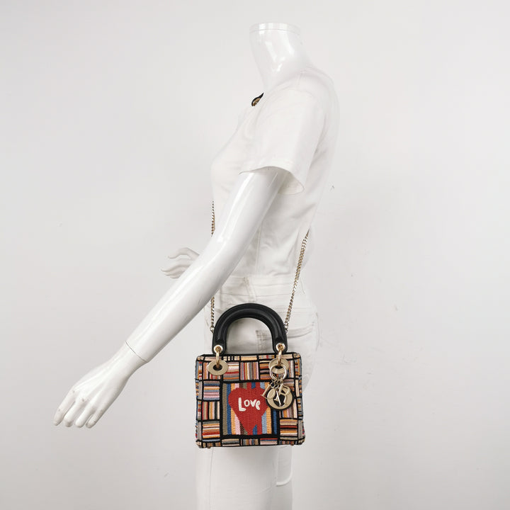 Dior Lady Dior In Multi-colour Fabric With Beads Love Heart Handbag