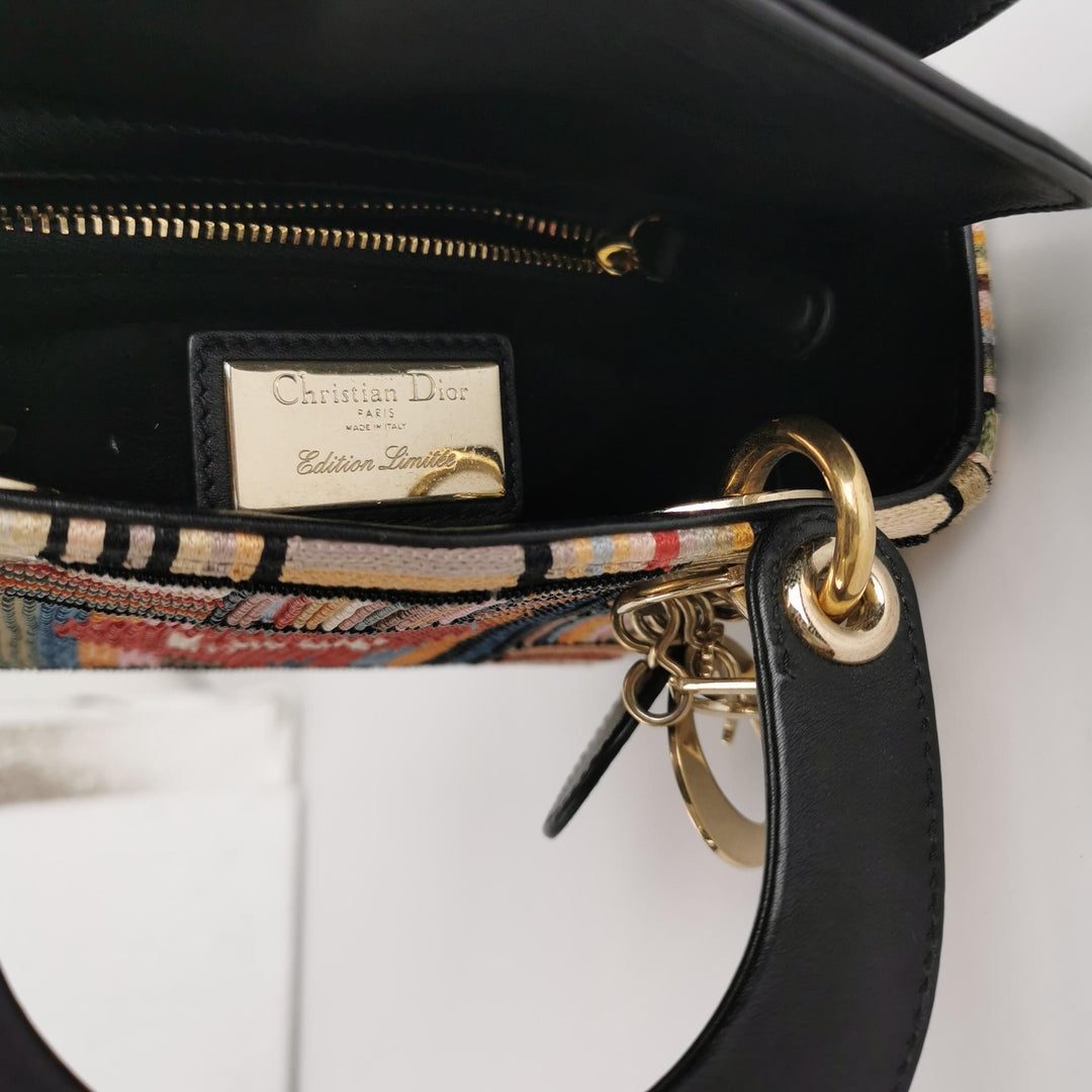 Dior Lady Dior In Multi-colour Fabric With Beads Love Heart Handbag