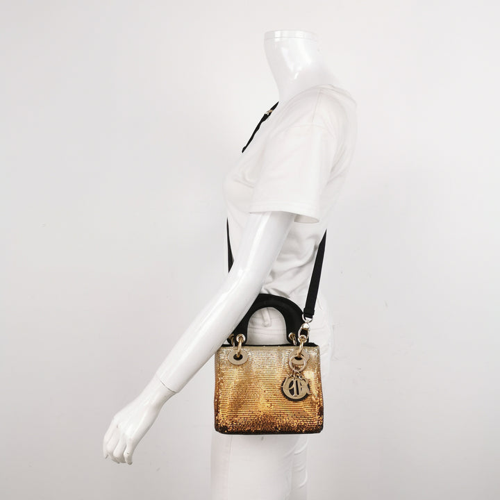 Dior Mini Lady Dior Tote In Gold Black Sequin and Satin