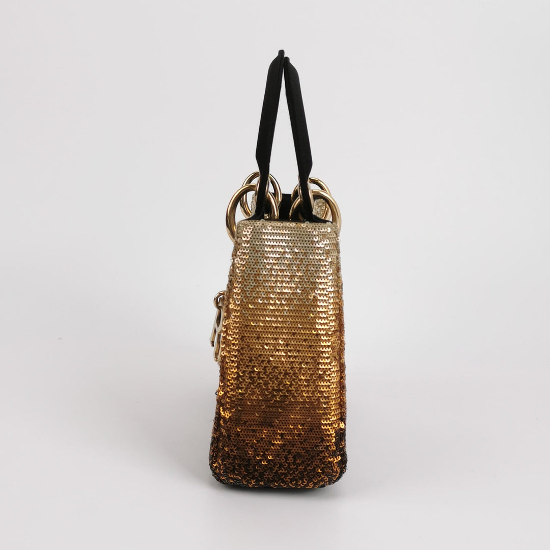 Dior Mini Lady Dior Tote In Gold Black Sequin and Satin