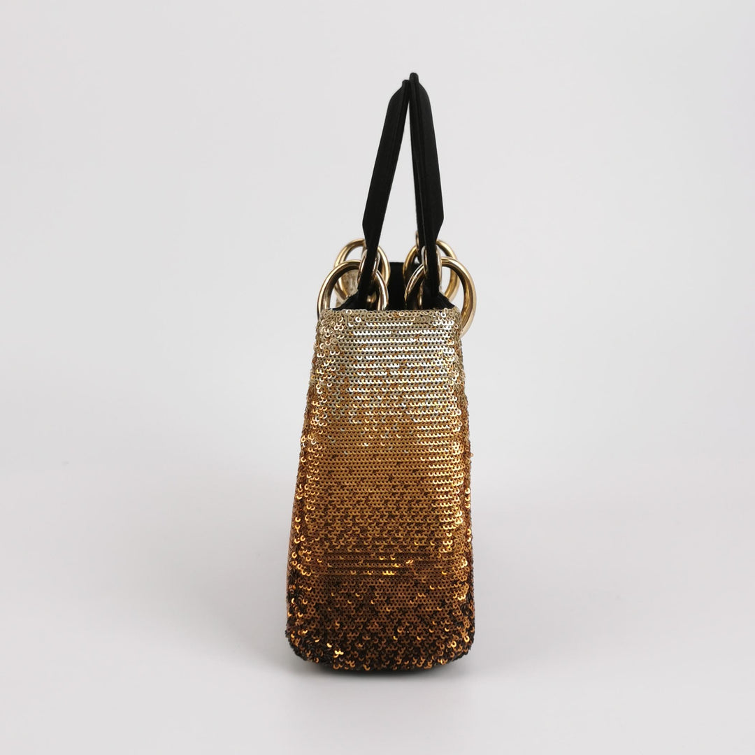 Dior Mini Lady Dior Tote In Gold Black Sequin and Satin
