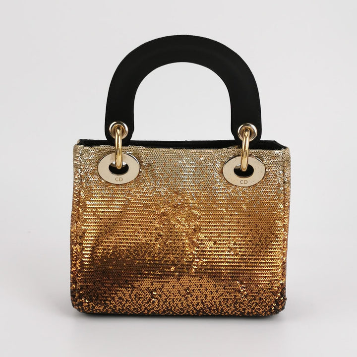 Dior Mini Lady Dior Tote In Gold Black Sequin and Satin
