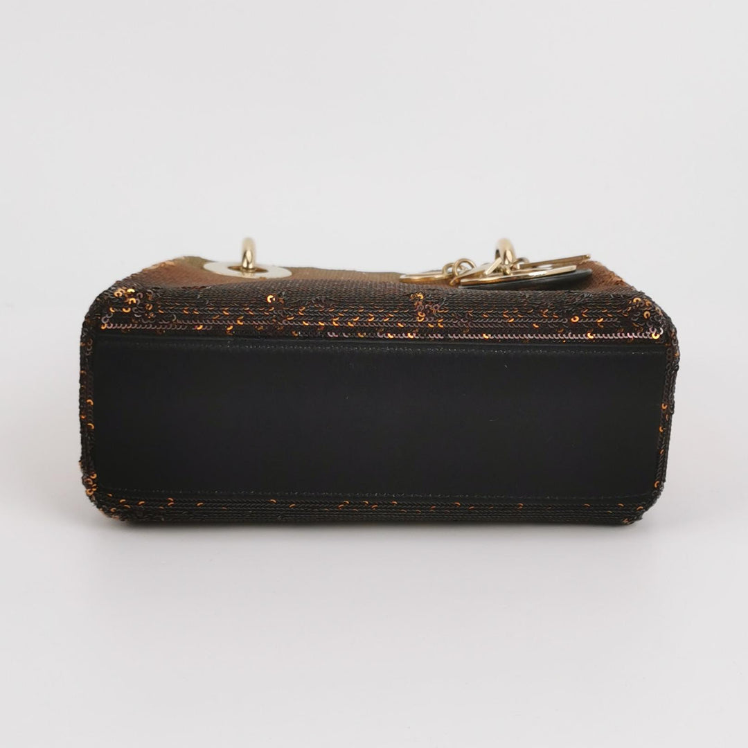 Dior Mini Lady Dior Tote In Gold Black Sequin and Satin