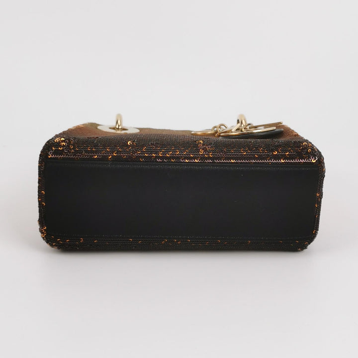 Dior Mini Lady Dior Tote In Gold Black Sequin and Satin