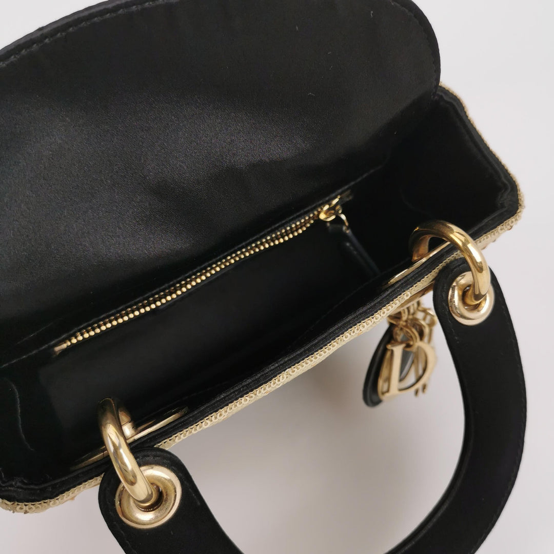 Dior Mini Lady Dior Tote In Gold Black Sequin and Satin