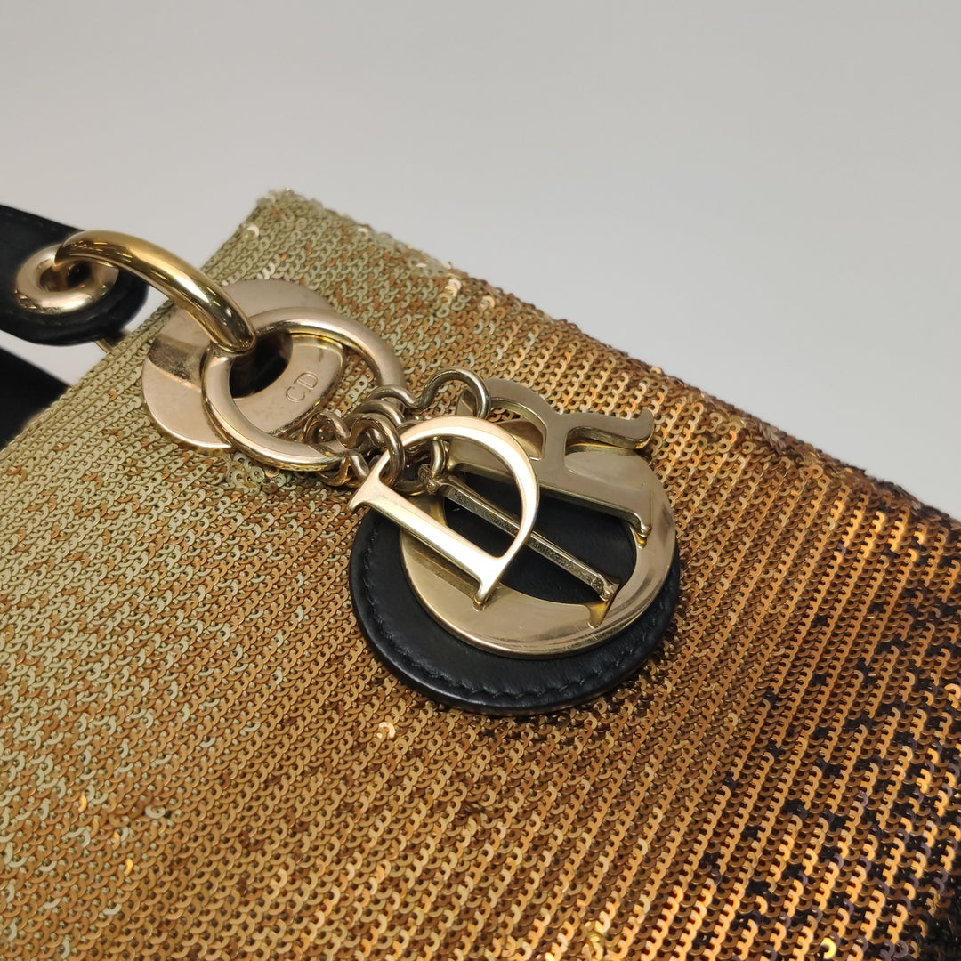 Dior Mini Lady Dior Tote In Gold Black Sequin and Satin