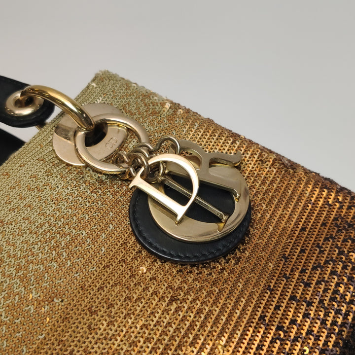 Dior Mini Lady Dior Tote In Gold Black Sequin and Satin