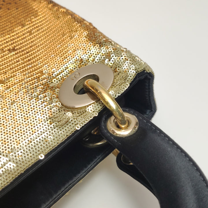 Dior Mini Lady Dior Tote In Gold Black Sequin and Satin