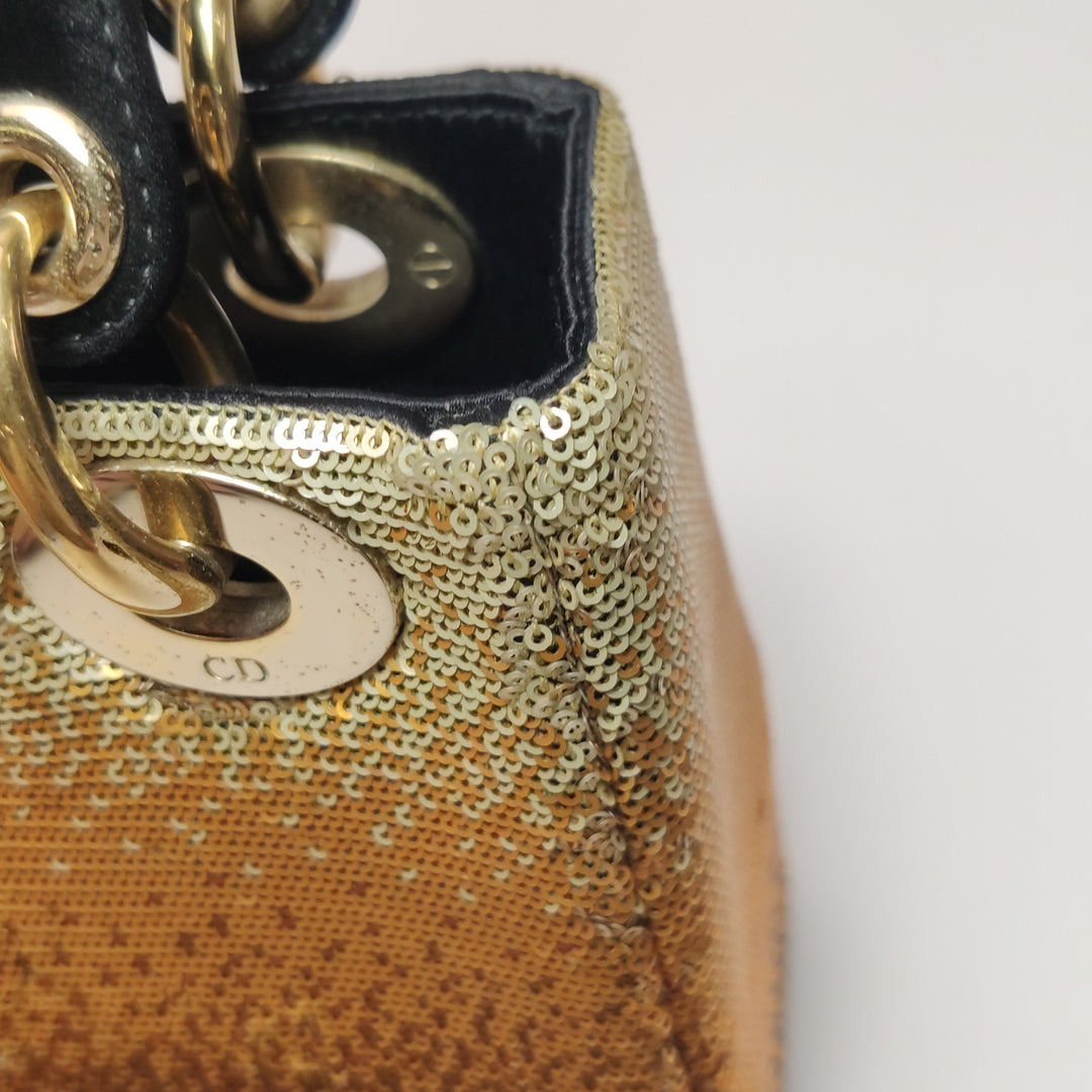 Dior Mini Lady Dior Tote In Gold Black Sequin and Satin