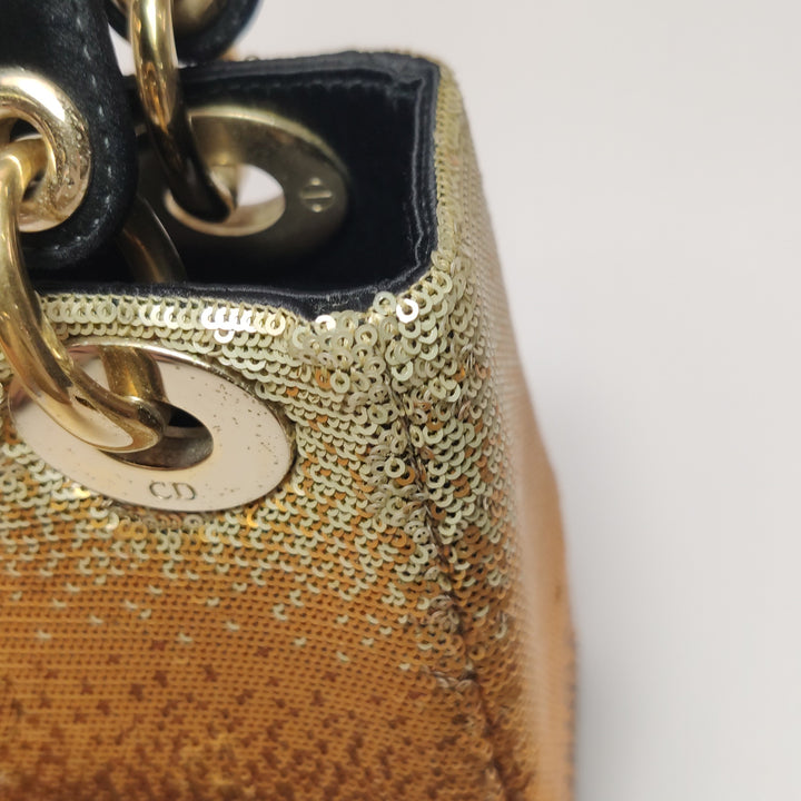 Dior Mini Lady Dior Tote In Gold Black Sequin and Satin