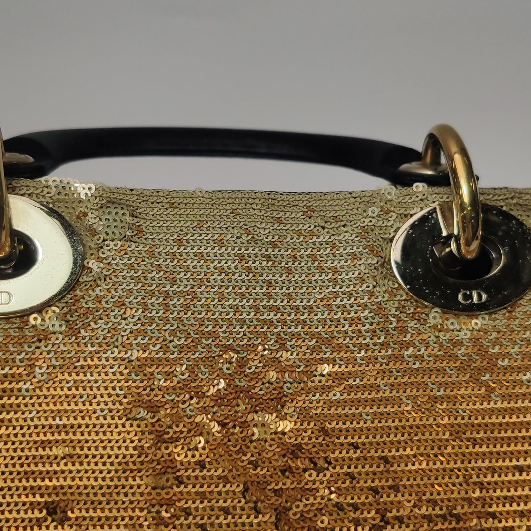 Dior Mini Lady Dior Tote In Gold Black Sequin and Satin