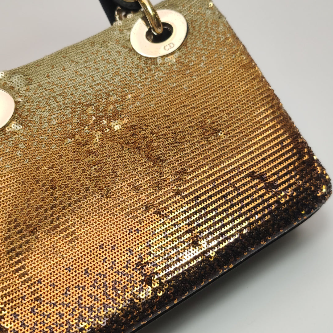 Dior Mini Lady Dior Tote In Gold Black Sequin and Satin