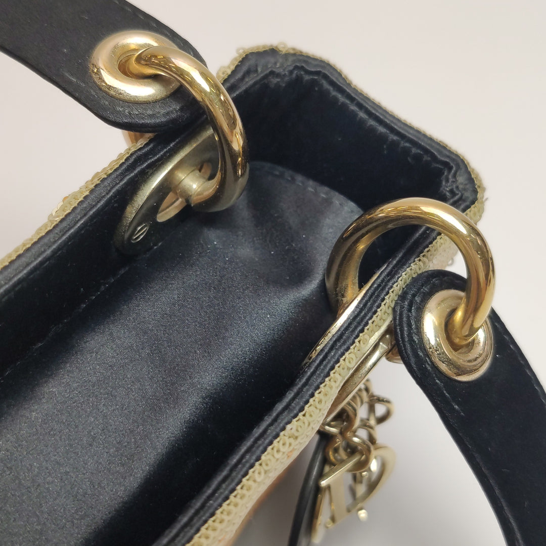 Dior Mini Lady Dior Tote In Gold Black Sequin and Satin