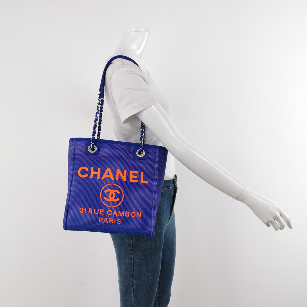 Chanel 2021 Mixed Fibers Blue Small Deauville Tote Bag Orange