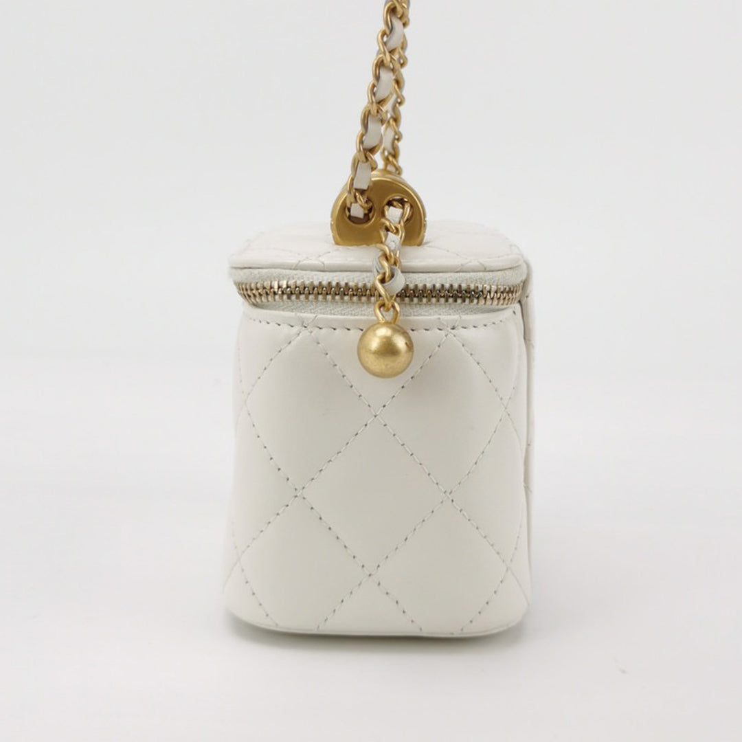 Chanel 2021 White Calfskin Quilted Mini Perfect Fit Vanity Case With Gold Hardware and Chain