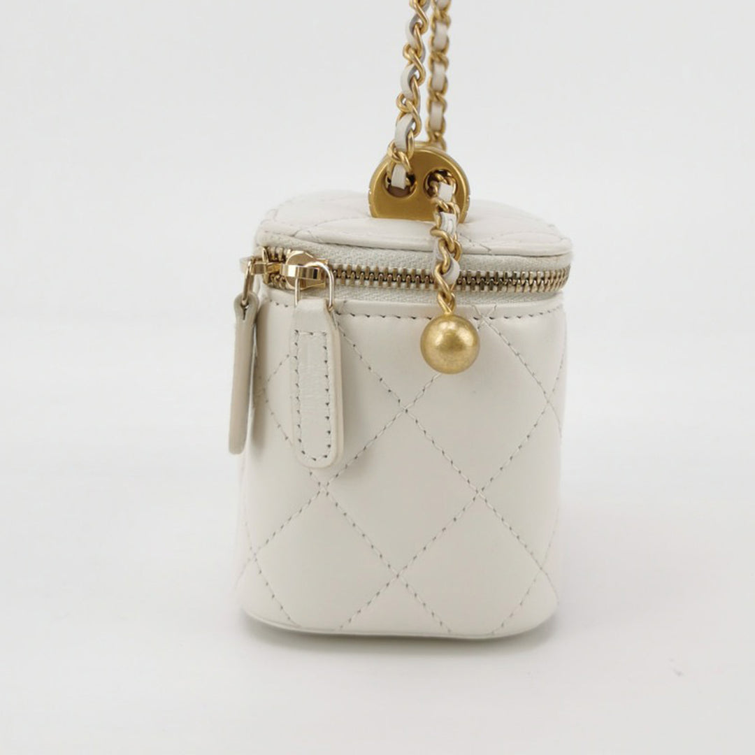 Chanel 2021 White Calfskin Quilted Mini Perfect Fit Vanity Case With Gold Hardware and Chain