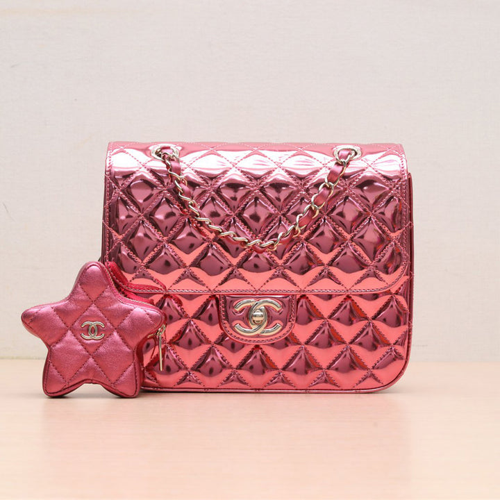 Chanel 24C Metallic Pink Leather Matelasse Backpack and Star Coin Purse