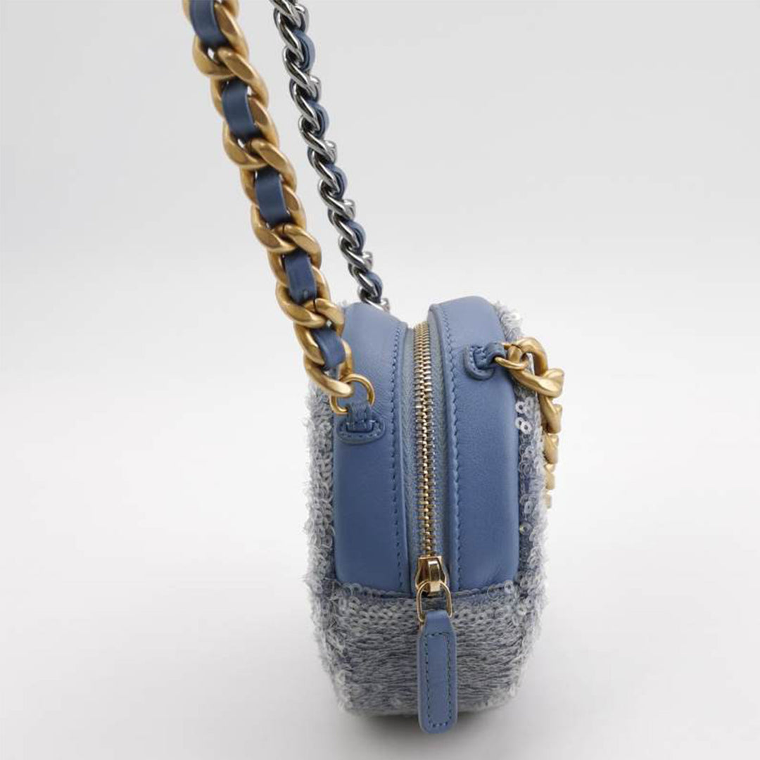 Chanel 19 Sequins Round Clutch With Chain in Light Blue