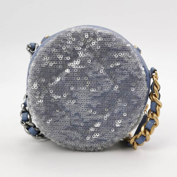 Chanel 19 Sequins Round Clutch With Chain in Light Blue