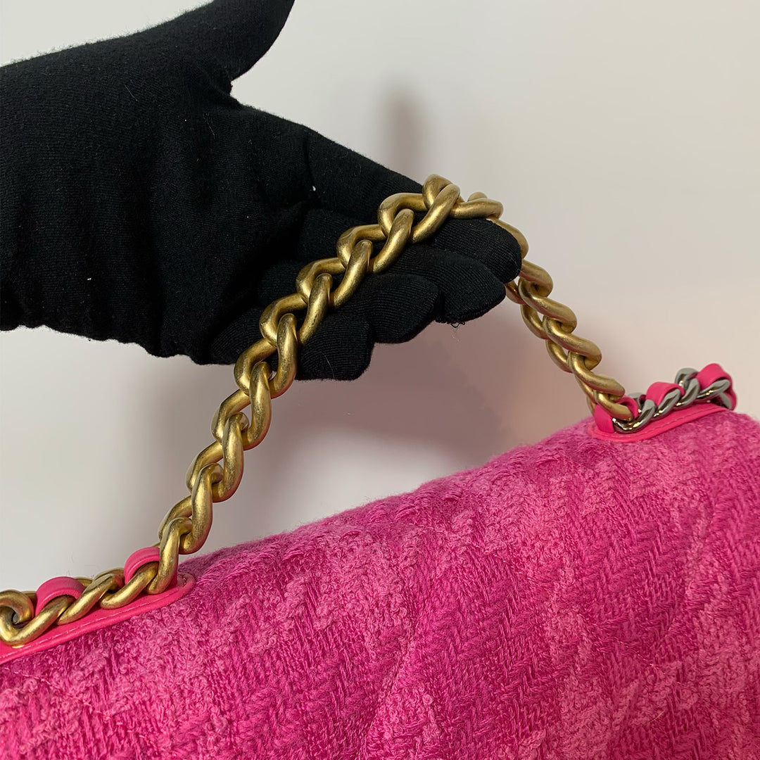 Chanel 2019 Tweed Quilted Medium 19 Flap Bag in Pink with Mixed Hardware