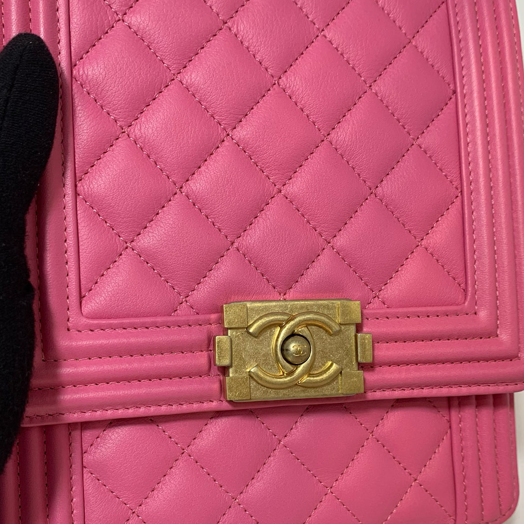 Chanel North South Boy Flap Bag in Pink Lambskin and Gold Hardware