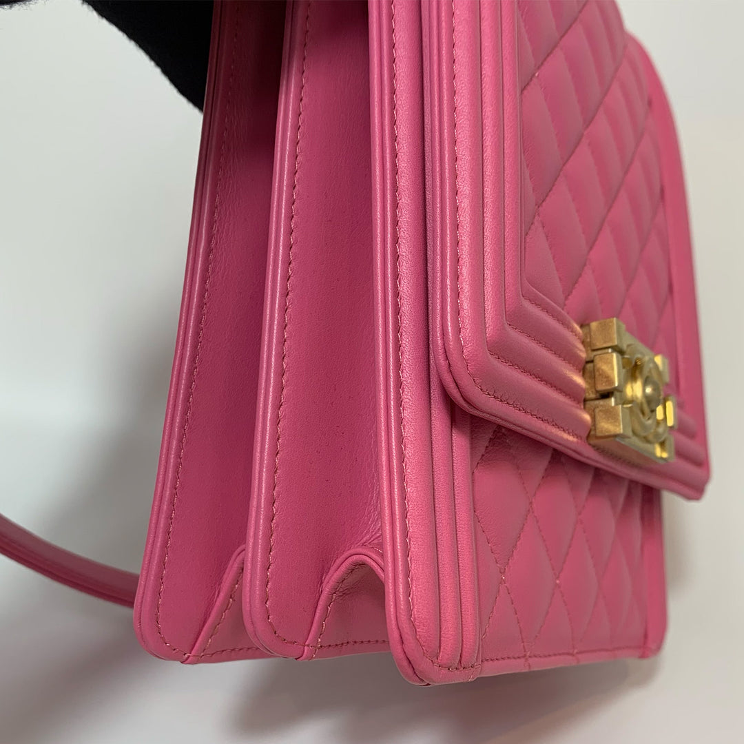 Chanel 2019 Lambskin North South Boy Flap Bag in Pink and Gold Hardware