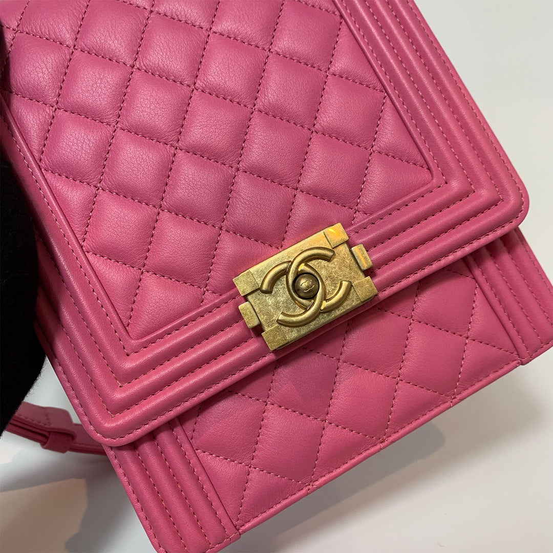 Chanel 2019 Lambskin North South Boy Flap Bag in Pink and Gold Hardware