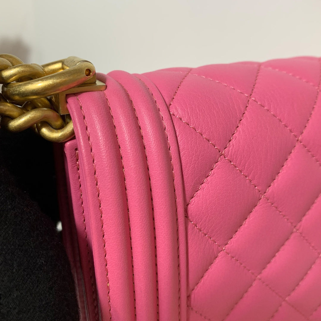 Chanel North South Boy Flap Bag in Pink Lambskin and Gold Hardware