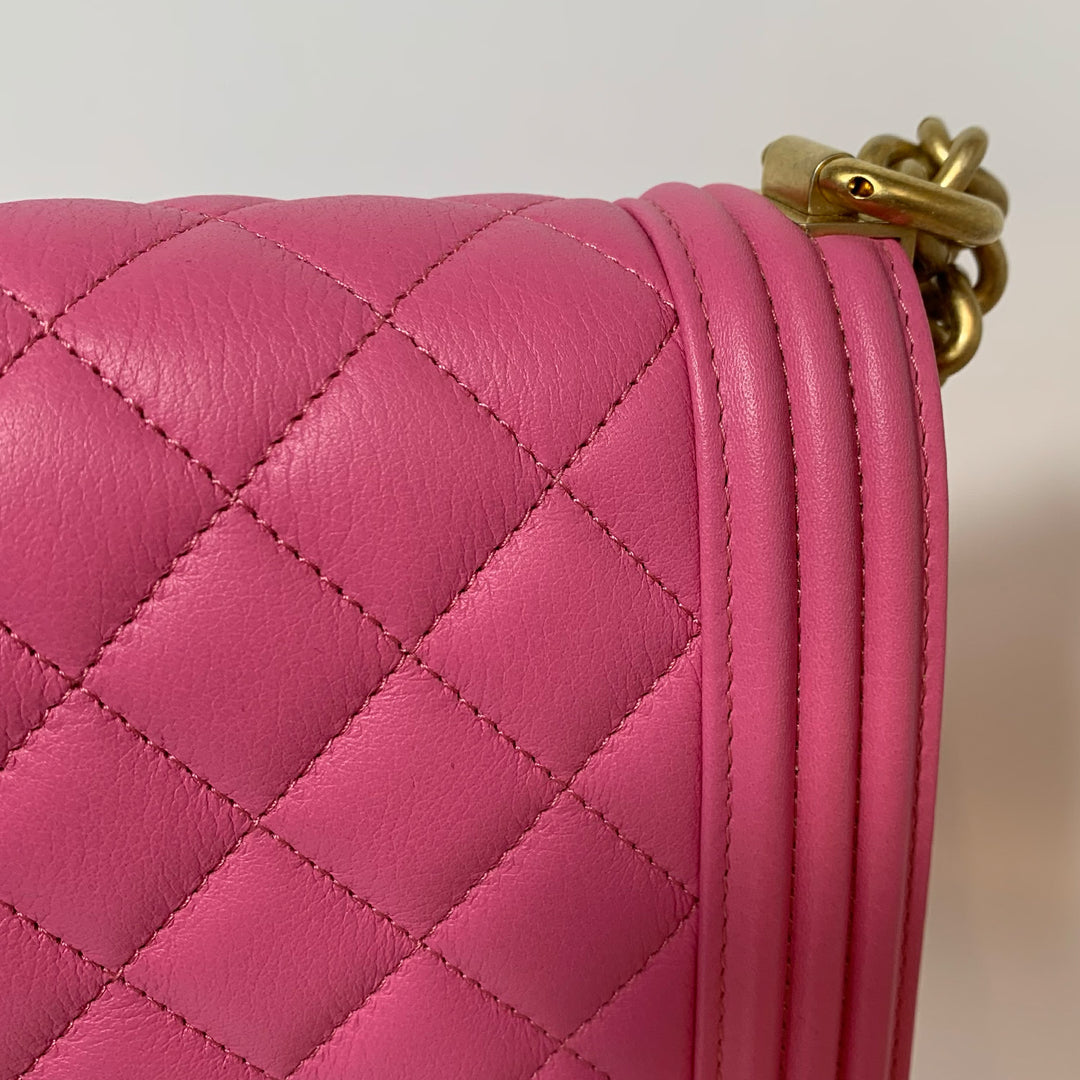 Chanel North South Boy Flap Bag in Pink Lambskin and Gold Hardware