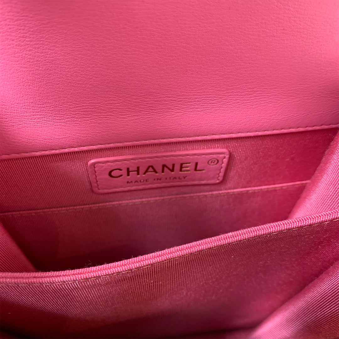 Chanel North South Boy Flap Bag in Pink Lambskin and Gold Hardware