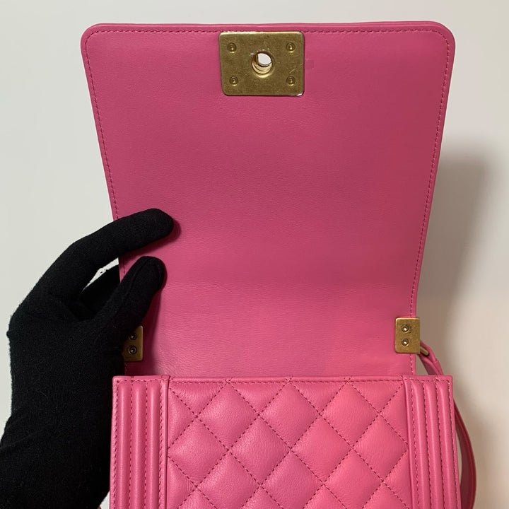 Chanel North South Boy Flap Bag in Pink Lambskin and Gold Hardware