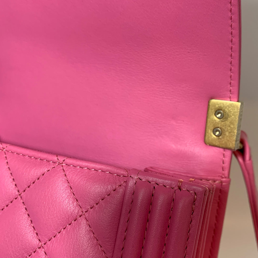 Chanel North South Boy Flap Bag in Pink Lambskin and Gold Hardware