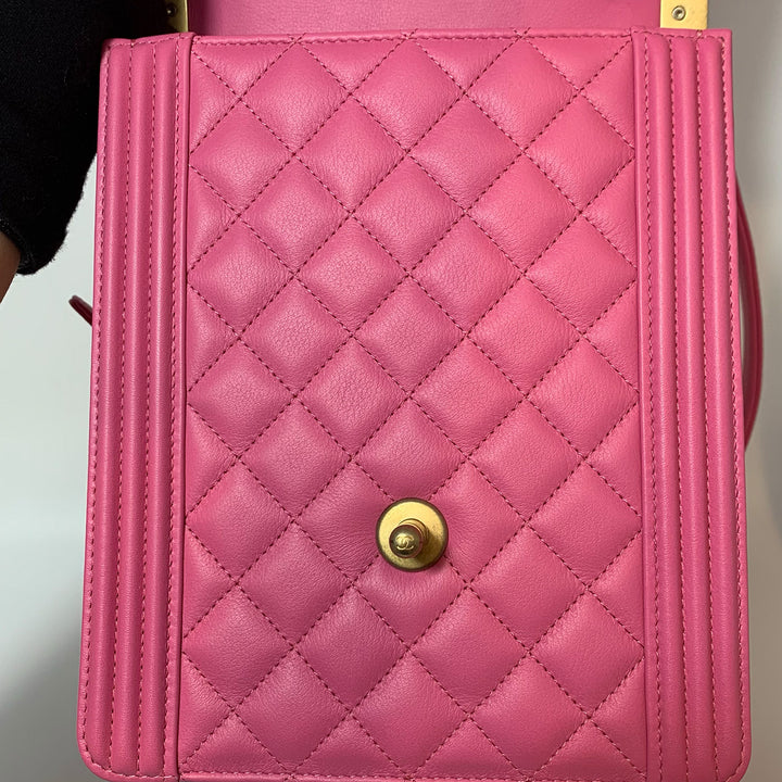 Chanel North South Boy Flap Bag in Pink Lambskin and Gold Hardware