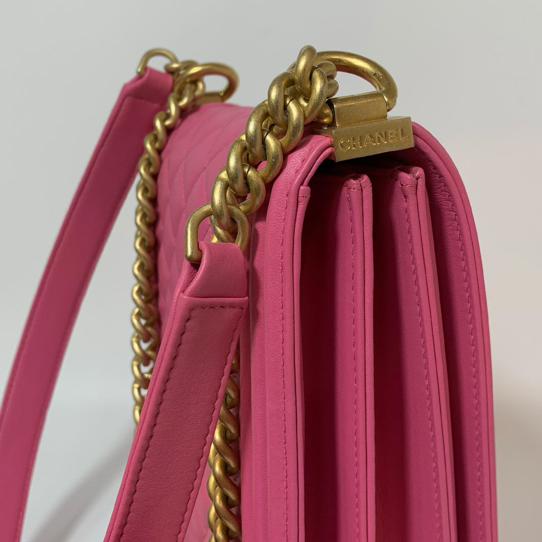 Chanel North South Boy Flap Bag in Pink Lambskin and Gold Hardware