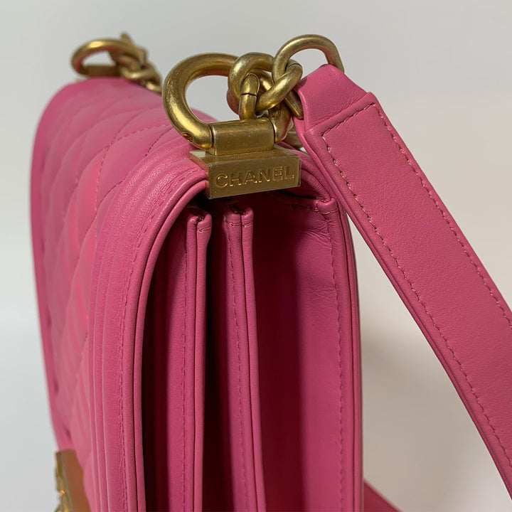 Chanel North South Boy Flap Bag in Pink Lambskin and Gold Hardware