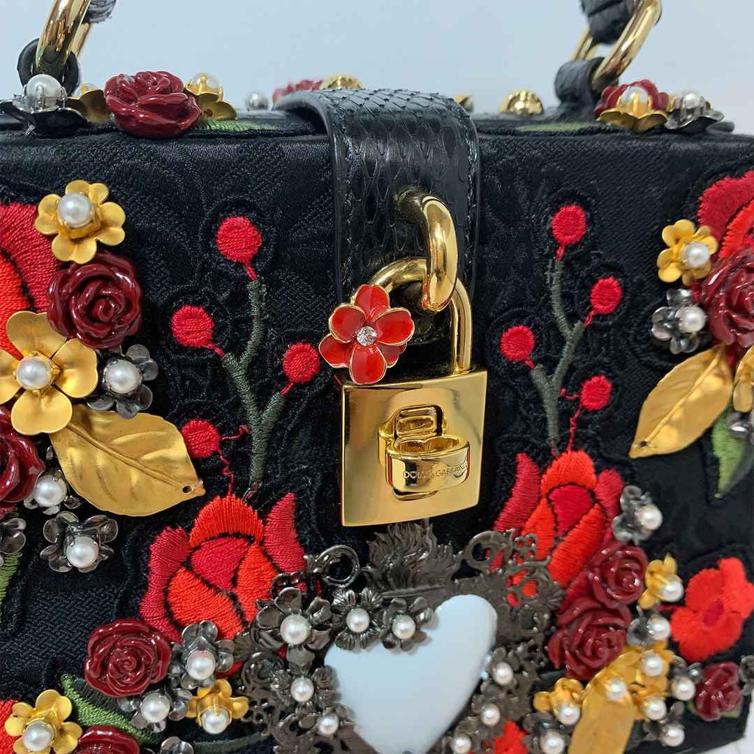 Dolce & Gabbana *Rare* Black Sacred Heart & Roses Embroidered Box Bag