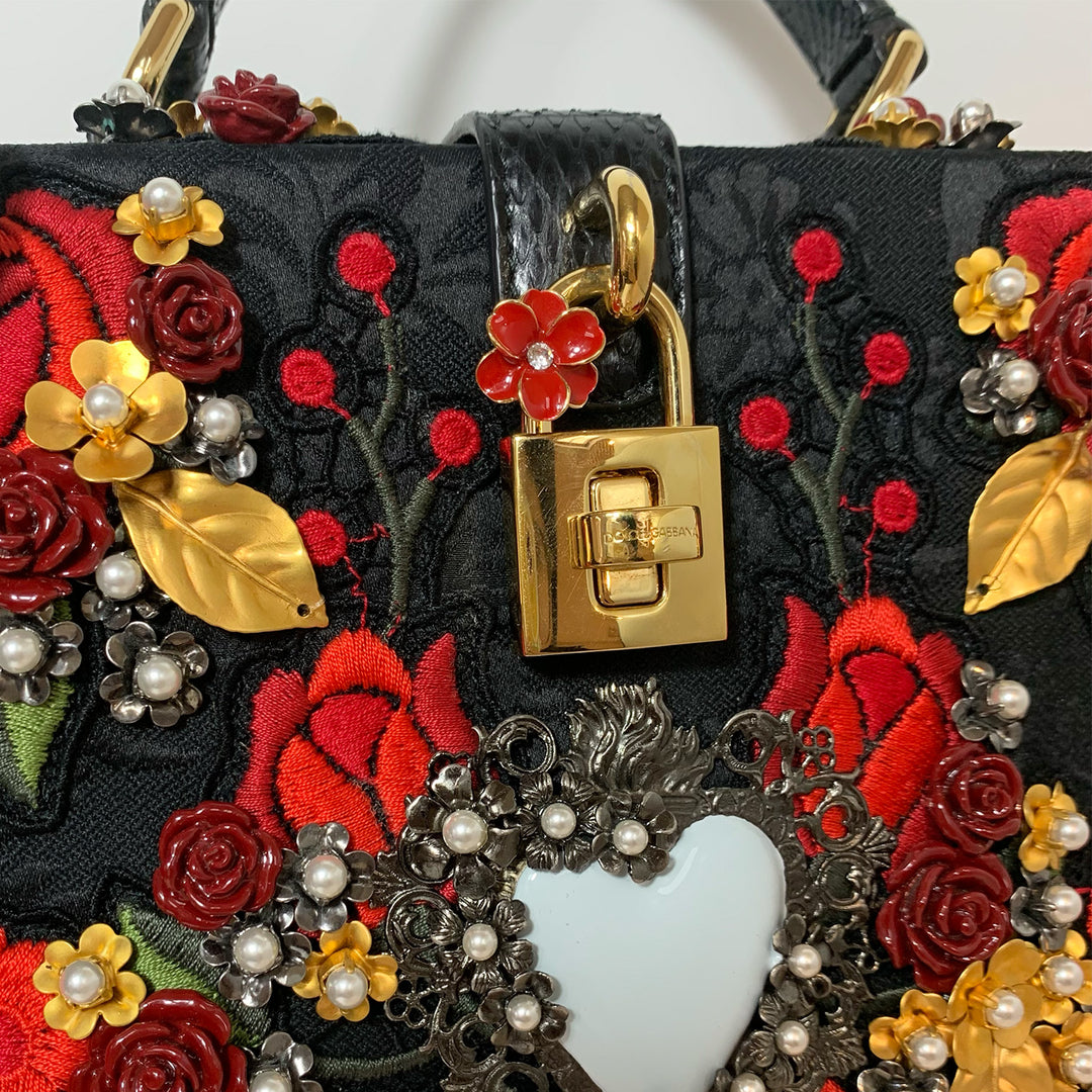 Dolce & Gabbana Black Sacred Heart & Roses Embroidered Box Bag