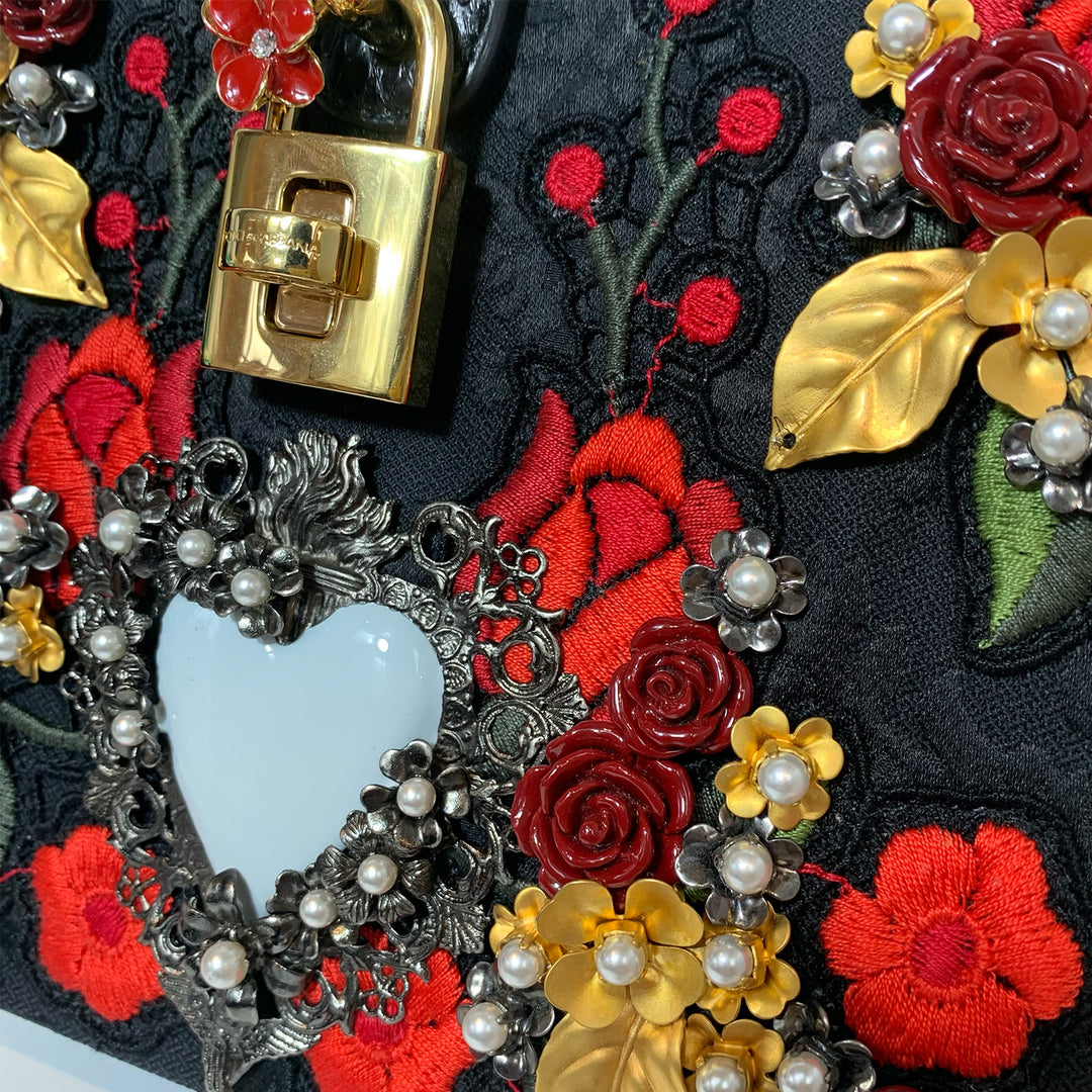 Dolce & Gabbana *Rare* Black Sacred Heart & Roses Embroidered Box Bag