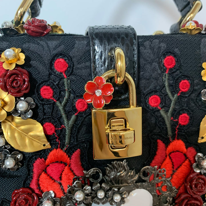 Dolce & Gabbana *Rare* Black Sacred Heart & Roses Embroidered Box Bag