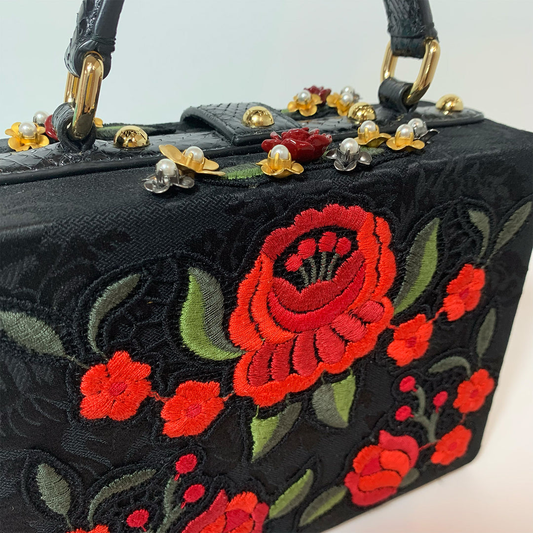 Dolce & Gabbana *Rare* Black Sacred Heart & Roses Embroidered Box Bag