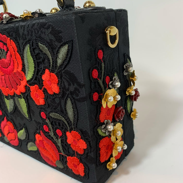 Dolce & Gabbana *Rare* Black Sacred Heart & Roses Embroidered Box Bag