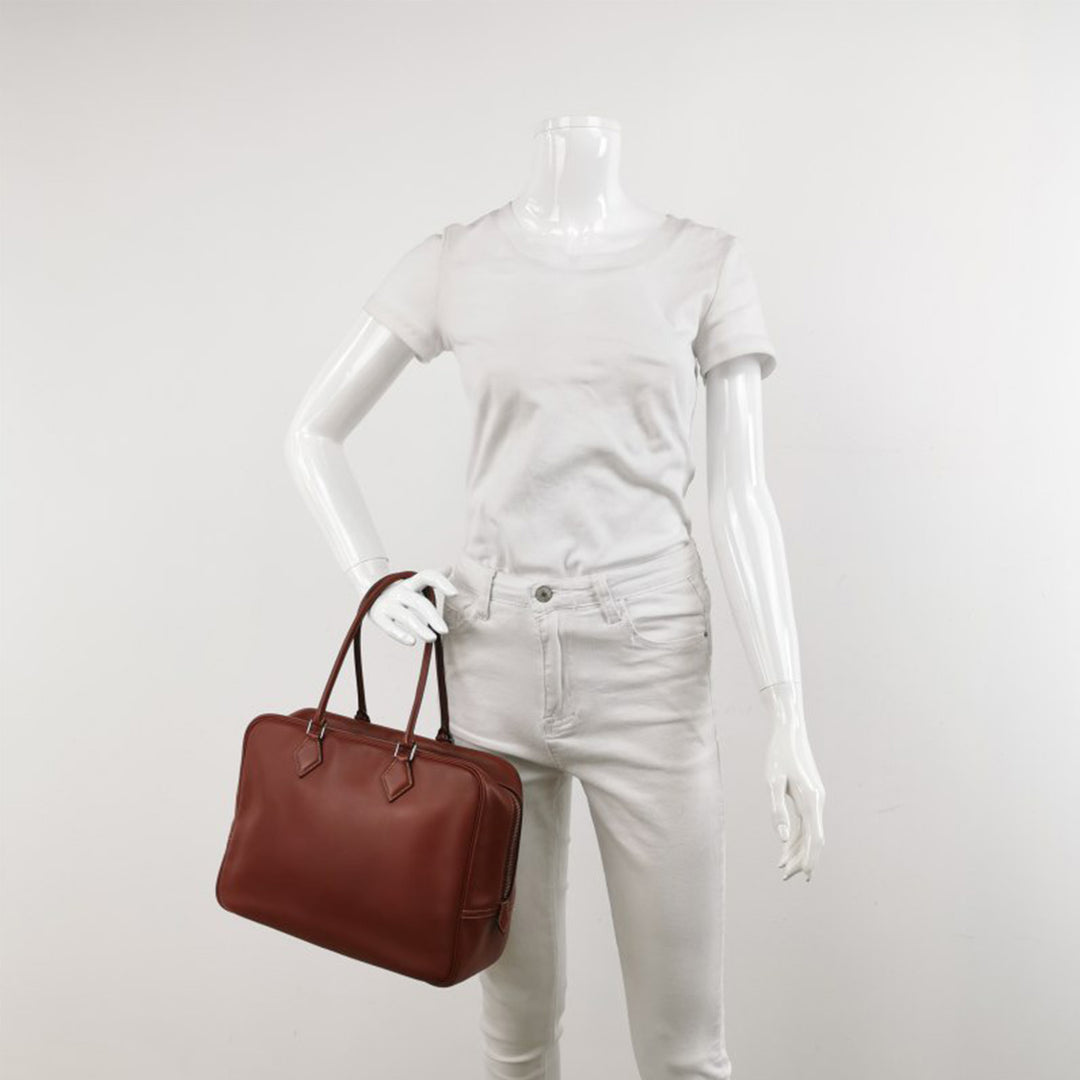 Hermes Plume 32 Leather Tote Bag in Brown with Silver Hardware