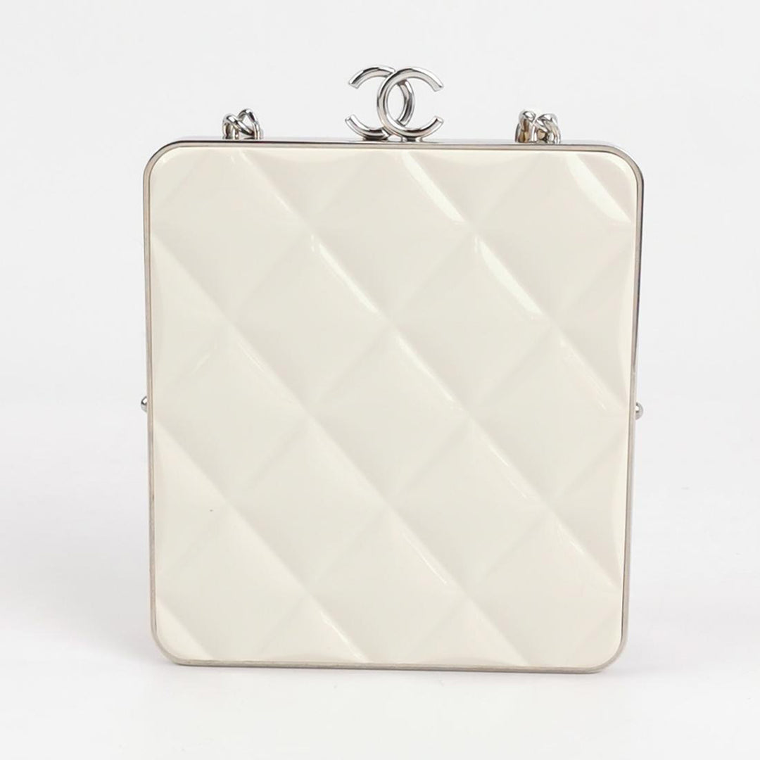 Chanel CC Evening Clutch in White Quilted Leather With Silver Chain