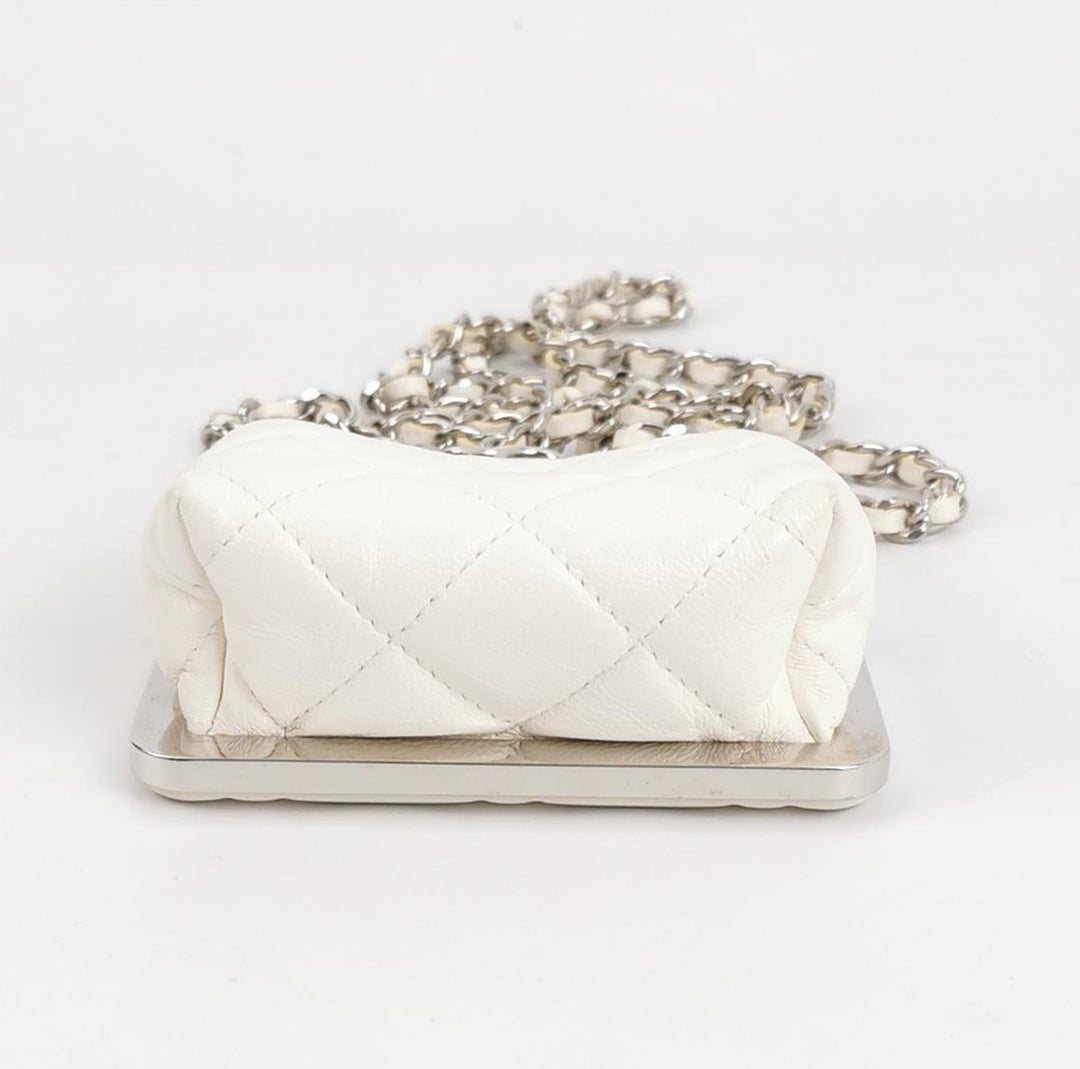 Chanel White Lambskin Quilted CC Evening Clutch With Silver Chain