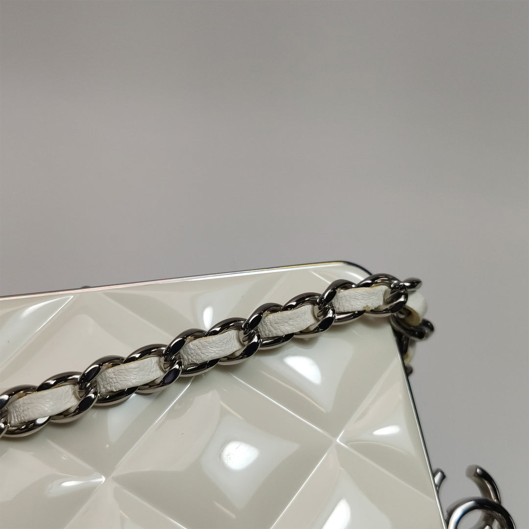 Chanel White Lambskin Quilted CC Evening Clutch With Silver Chain