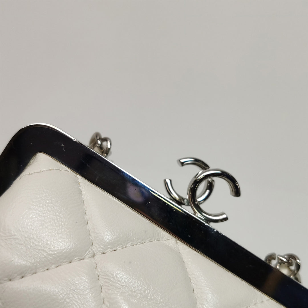 Chanel White Lambskin Quilted CC Evening Clutch With Silver Chain