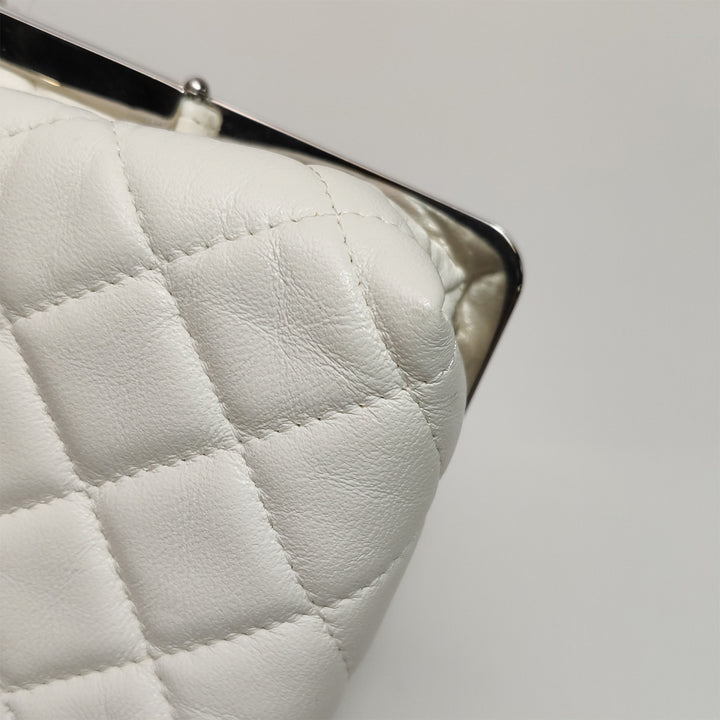 Chanel White Lambskin Quilted CC Evening Clutch With Silver Chain