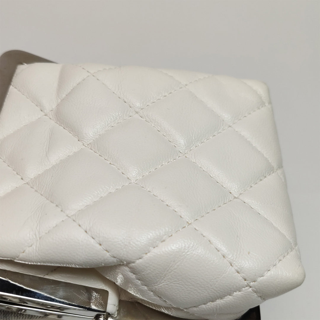 Chanel White Lambskin Quilted CC Evening Clutch With Silver Chain