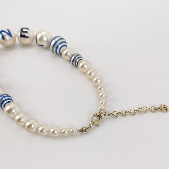 Chanel Painted Pearl Crystal La Pausa Stripe Bracelet Gold Blue